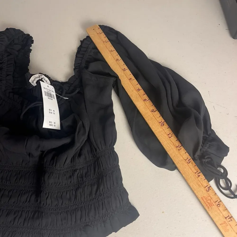 Abercrombie & Fitch Womens Medium Smocked Peasant Top Puff Sleeve Black Y2K Boho